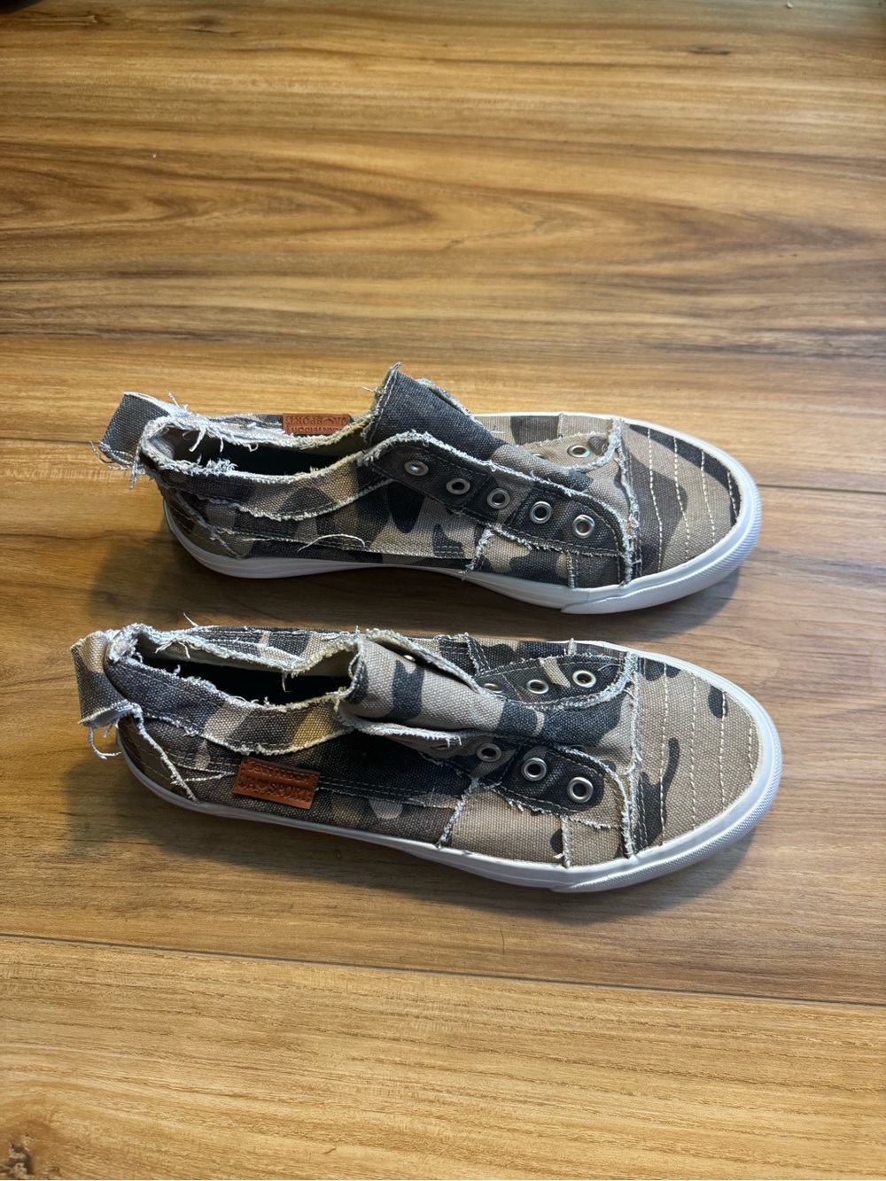 Jenn Ardor Women's Slip-On Sneakers in Camouflage Brown, Grey and Tan